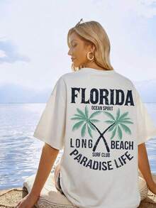 Camiseta Casual Blanca para Mujer con Estampado de Palmeras de Florida Paradise Life, Cuello Redondo, Hombros Caídos, Manga Corta, Corte Regular KB1N - Blanco - Ver 5