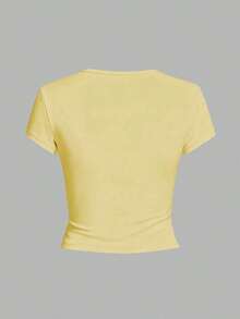Camiseta de mujer de verano nueva, de corte slim, de cuello redondo y manga corta, top de moda para uso diario y vacaciones. Top de camiseta de mujer. - Amarillo - Ver 6