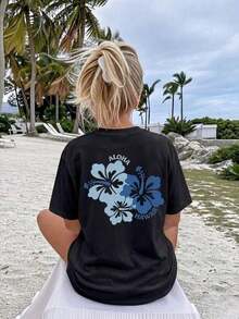 Under The Radar Women's Casual Black T-Shirt With Hawaiian Floral Aloha Print, Drop Shoulder, Short Sleeve, For Summer Vacation - Vintage Urban Style, Unisex, Cotton, Crew Neck, Short Sleeve - 黑色 - 查看 2