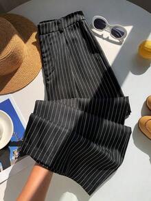 Pantalones casuales y versátiles de cintura alta con pierna ancha de unicolor - Negro 2 - Ver 7