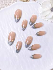 10 Pieces Of Handcrafted Almond Nail Art In Blue Cat's Eye, French Gold Mirror, Magical Pink Border, Simple French Design, Versatile And Stylish, High-End Feel. Fast Delivery For Wearing, Removing, Pressing, And Applying Nail Art. - Dusty Blue - View 5