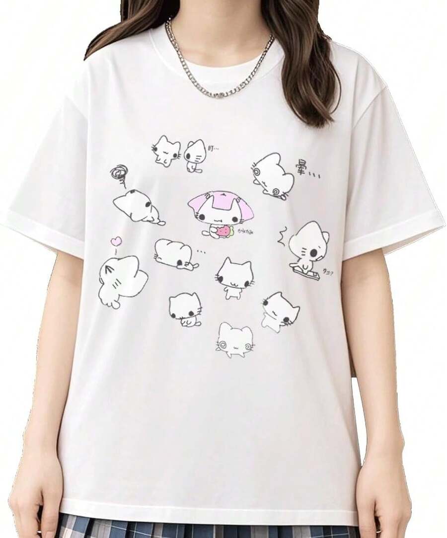Camiseta Kawaii de Moda Casual con Cuello Redondo, Manga Corta, Estampado Gráfico de Gato Familiar - Blanco - Ver 1