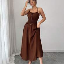Elenzya Women's Casual Coffee Color Comfortable Linen-Like Front Bowknot Waist Drawstring Loose Slip Dress, Spring/Summer - Azul - Ver 5