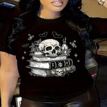 Women's Casual Elegant Cotton Black Short Sleeve Round Neck T-shirt with Spooky Skull Books Print High Stretch Fabric - Negro - Ver 1