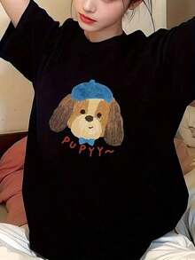 Camisa de manga corta holgada de longitud media con estampado de cachorro de dibujos animados, estilo casual de verano, algodón 65QY - Negro - Ver 1