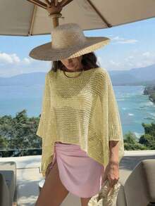 Elegante top de mujer de primavera/verano, de punto rosa, con cuello redondo, sólido, semitransparente, con capucha y detalles de lentejuelas calados, para uso casual, vacaciones y playa - Amarillo - Ver 5