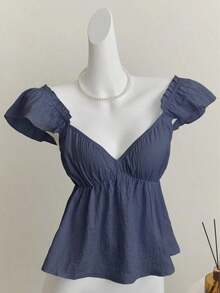 Top corto de camisola con escote bajo y espalda descubierta, con manga tipo gorra y volantes en azul, diseño sexy - Azul marino - Ver 3
