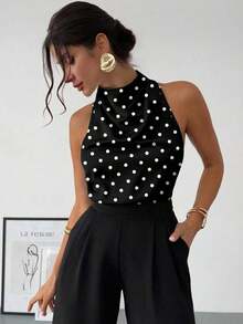 negra ajustada de estilo casual y elegante para la temporada de primavera/verano, con cuello asimétrico, sin mangas, escote halter, espalda descubierta y decoración de lazo - Negro 2 - Ver 8