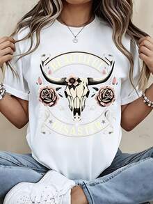 Beautiful Disaster Bull Skull Rose Graphic T-Shirt Women Casual Short Sleeve Top Boho Western Style Fashion Shirt - trắng - Xem 2