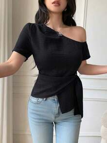 Blusa casual elegante de hombros con nudo, de corte slim para mujeres - Negro - Ver 3
