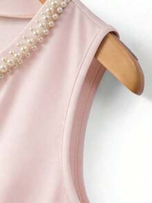 Blusa de tirantes elegante con estampado floral y cuello de perlas brillantes para mujer, adecuada para citas, salidas casuales, ir al trabajo, tomar el té por la tarde, Día de la Madre, Día del Maestro - Rosa - Ver 4
