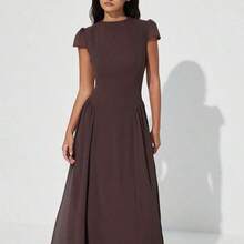 Elegant French Luxury Chiffon Dress, Stand Collar, Puff Sleeves, A-Line Silhouette, Waist Cinched, Flared Hem, Midi Length, Back Zipper Closure, Lining, Classic Solid Color, Casual Versatile, Suitable For Daily Occasions - Verde - Ver 6