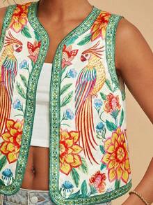 Chaleco ligero de mujer con bordado floral y de loro, chaleco bohemio, chaleco floral, estilo casual de mujer, atuendo para salir, atuendos elegantes, estilo campestre para mujer, atuendos casuales, chaleco elegante - Verde - Ver 4