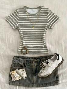 Camiseta de rayas que afina la cintura para mujer, de estilo casual y versátil para el día a día y la moda, para el verano - Multicolor 4 - Ver 1