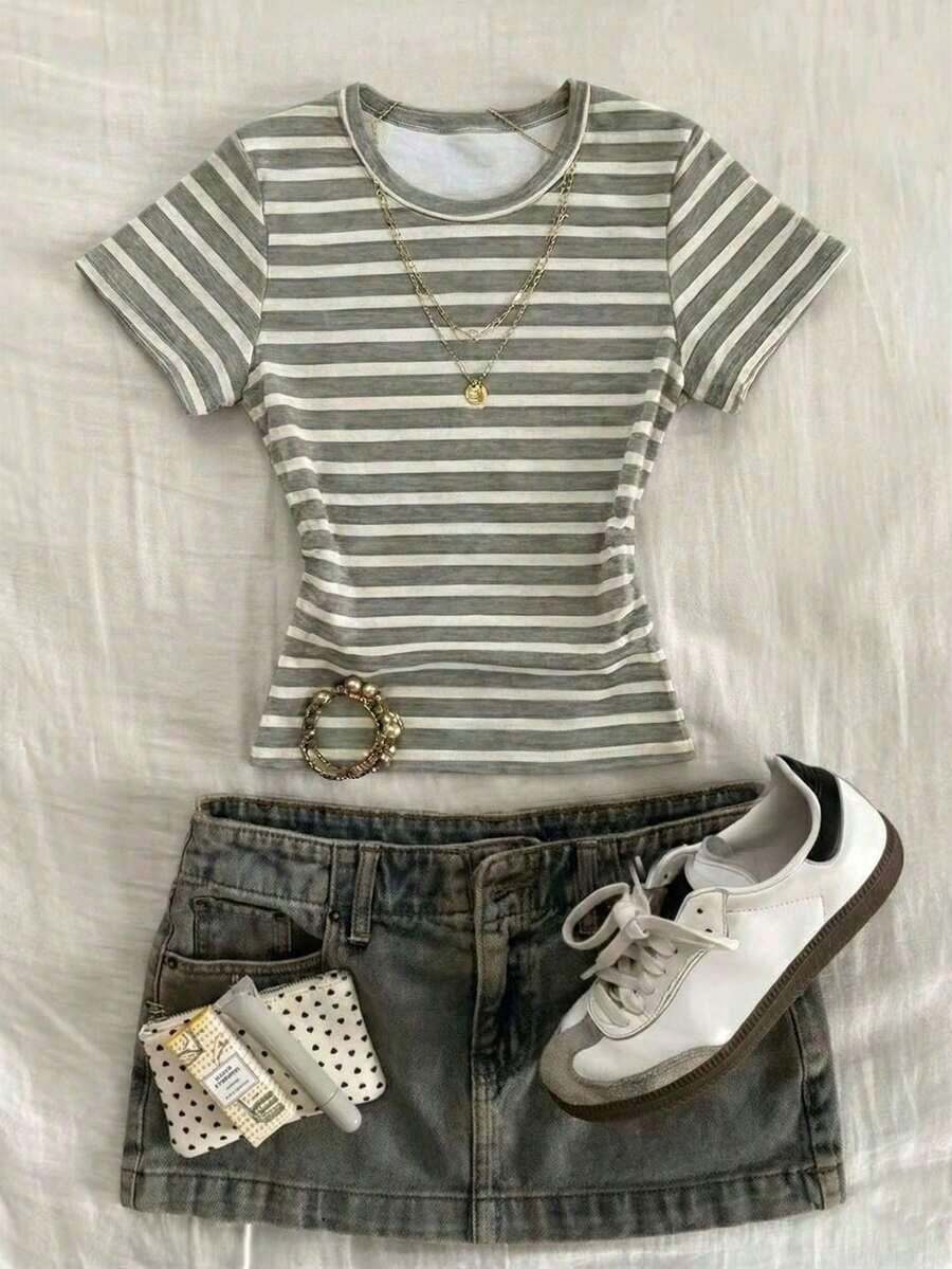 Camiseta de rayas que afina la cintura para mujer, de estilo casual y versátil para el día a día y la moda, para el verano - Multicolor 4 - Ver 1