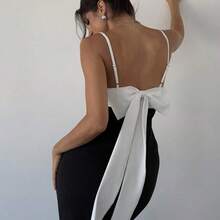 Women's Elegant Minimalist Exquisite Romantic Sweet Wedding Ceremony Party Vacation Backless Colorblock Bow Decor Black & White Spaghetti Strap Long Dress, Spring/Summer,Party Dress Fashion Clothing Summer Outfits Spring Outfits For Women  Wedding Guest Dress  Summer Holiday - Burdeos - Ver 9