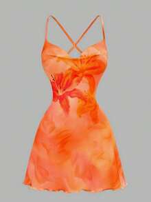 Vestido mini con cuello drapeado con estampado floral de hibisco naranja y amarillo en estilo retro vacacional elegante para mujer - Salidas, playa, bodas, cumpleaños, fiestas, chic, festival occidental, chica de isla vintage, vacaciones en la , - Multicolor 2 - Ver 5