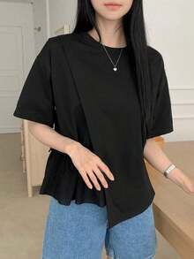 Camiseta casual de mujer para el verano con cuello redondo, manga corta, ajuste holgado y dobladillo con volantes y un solo unicolor - Negro - Ver 7