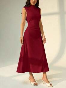 Vestido maxi de línea A con cuello mao, sin mangas, fruncido, color blanco, nuevo para el Día de San Valentín.Elegante y romántico atuendo para citas y trabajo, vestidos de verano para mujer - Rojo - Ver 6