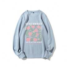 Nueva sudadera STAY SWEET con estampado de fresas, cuello redondo, estilo casual y holgado para otoño/invierno para mujer. - Negro - Ver 6