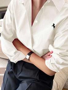Camisa holgada de mujer de unicolor, de manga larga y de abotonadura sencilla - Blanco 2 - Ver 3
