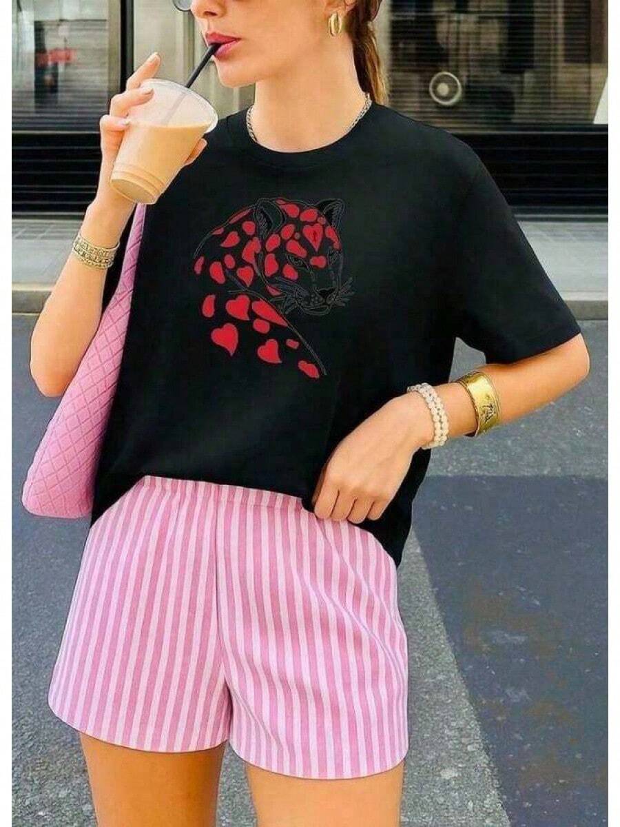 A Short-Sleeved T-Shirt With A Retro American Style, Loose Fit, Print (The Pants Are Just Style Suggestions), Thick Multicolored T-Shirt, 100% Cotton Material, Modern Print, Suitable For Both Men And Women, New Spring/Summer/Autumn Style, Breathable And Comfortable, Simple And Versatile, The Stylish Unisex Tropical Print T-Shirt Is Very Suitable For Holidays, Halloween And Mexican Independence Day Parties. - 黑色 - 查看 1