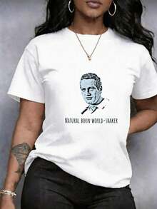 Women's T-Shirt With Leopard And Cartoon Print, Male Portrait And Text, Plus Size, Short Sleeve, Round Neck, Urban Design, Casual Style For Summer And Spring, Women's Clothing, Casual Round Neck, Casual Short Sleeve T-Shirt, Ideal For Casual Wear, Daily Wear, Dates Or Casual Wear, Comfortable Clothing, Comfortable, Soft And Breathable, Soft, Breathable, Comfortable And Breathable - 白色 - 查看 11
