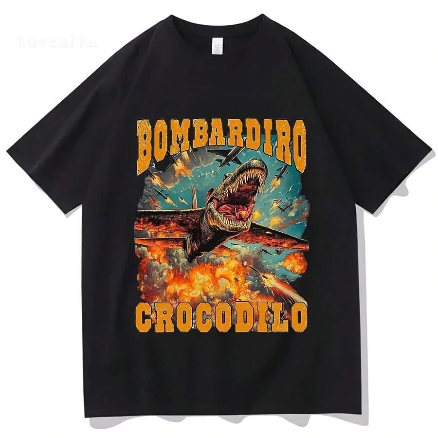 Bomber Crocodile, Crocodile Funny, Bomber Graphic Meme T-Shirt, Kids Clothing, Casual Short Sleeve Cotton T-Shirt - 款式 - 查看 1