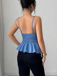 Nuevo diseño de verano/primavera de moda casual vintage estilo americano, camisa de lino azul difuminado con pliegues, abertura y cintura ceñida, vestido línea A para uso diario y vacaciones, diseño único y encantador para mujeres - Niebla azul - Ver 7