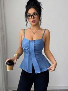 Nuevo diseño de verano/primavera de moda casual vintage estilo americano, camisa de lino azul difuminado con pliegues, abertura y cintura ceñida, vestido línea A para uso diario y vacaciones, diseño único y encantador para mujeres - Niebla azul - Ver 8