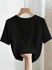 Camiseta de manga corta con cuello redondo ajustado, con cuentas y acanalada, elegante para mujeres - Negro 2 - Ver 2