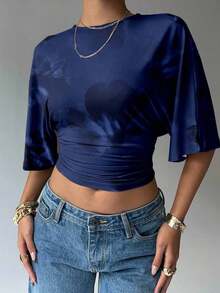 Blusa de verano para mujer con diseño de manga murciélago, cuello redondo, fruncido y estampado floral de tinte de agua en tonos cálidos, ideal para playa/vacaciones, un look casual, minimalista y elegante - Azul - Ver 1