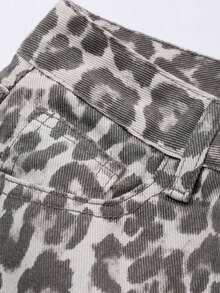 Falda vaquera casual con botones delanteros y bolsillos con estampado de leopardo - Marrón - Ver 8