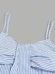Nuevo diseño de verano/primavera de moda casual vintage estilo americano, camisa de lino azul difuminado con pliegues, abertura y cintura ceñida, vestido línea A para uso diario y vacaciones, diseño único y encantador para mujeres - Azul y blanco - Ver 5