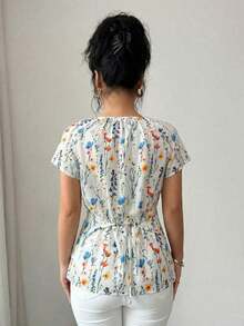 Blusa de manga corta con cuello redondo, estilo envolvente, elegante y casual, con cinturón y cuentas, adecuada para ir al trabajo, citas, y uso durante todo el año en primavera/verano.Blusa elegante para damas, apropiada para fiestas, citas, oficina, negocios, vida diaria en primavera/verano, temporada de graduación, Día del Maestro, vuelta al colegio, Acción de Gracias.Blusa de manga corta para uso diario, de unicolor con cuentas. - Multicolor - Ver 2
