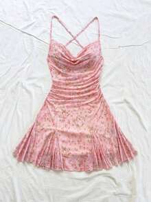 Vestido mini de mujer para vacaciones con tirantes finos, escote pronunciado, espalda descubierta, lazo, bajo estilo sirena, estilo romántico, vestido mini para pausas de té, caminatas al aire libre, citas, atuendo de playa, malla, joven y feme - Rosa - Ver 4