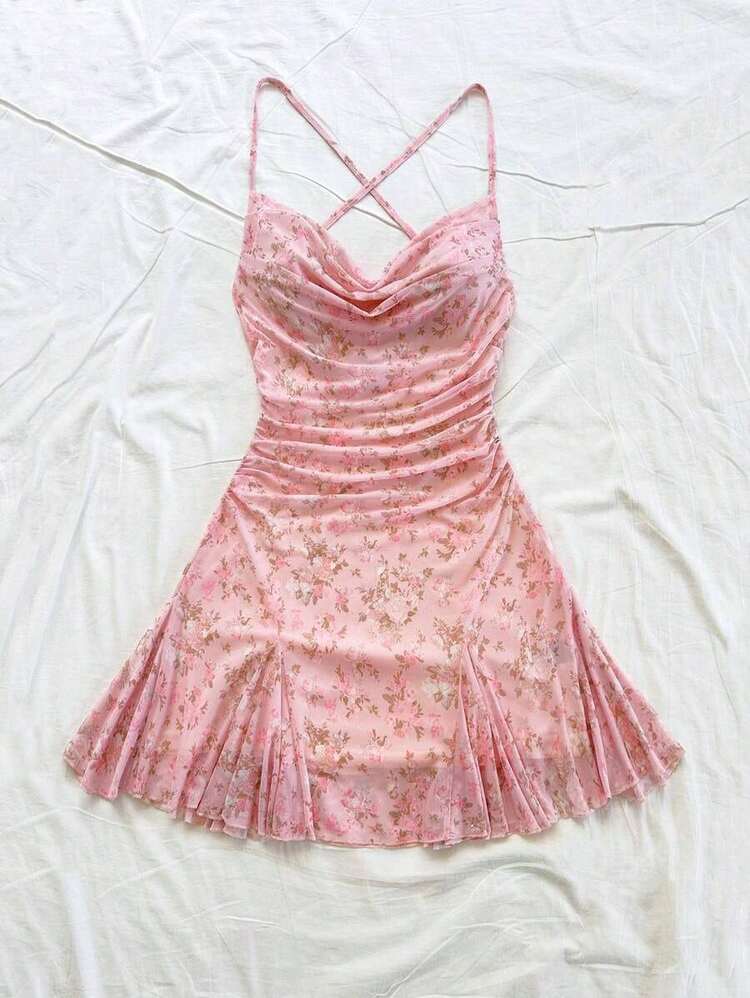 Vestido mini de mujer para vacaciones con tirantes finos, escote pronunciado, espalda descubierta, lazo, bajo estilo sirena, estilo romántico, vestido mini para pausas de té, caminatas al aire libre, citas, atuendo de playa, malla, joven y feme - Rosa - Añade 4