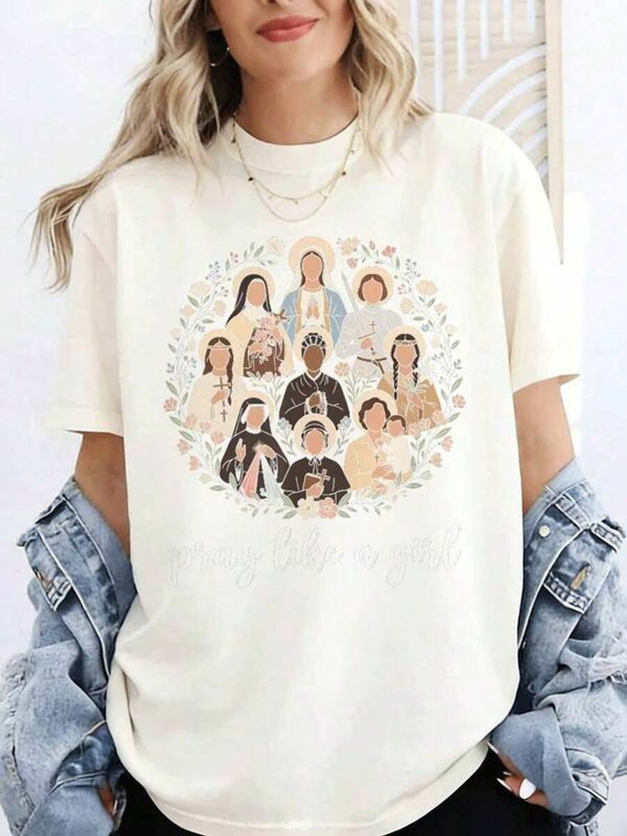 Women's Y2K Style T-Shirt With Catholic Saint Designs, Specifically Designed For Christian Women, Featuring A Vintage 2000s Cashier Style And A Classic Pattern. Made From 100% Cotton, It's A Short-Sleeved Blouse Perfect For Summer Vacations And Holidays. - 白色 - 查看 1