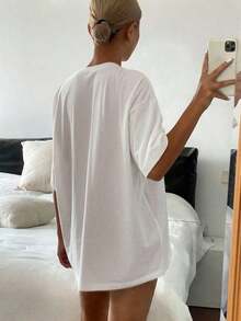Loose And Casual Summer T-Shirt With Letter Print And Contrasting Lace, Oversized Graphic T-Shirt With Floral Print - Vintage Street Style Unisex Loose Cotton Short Sleeve Crew Neck T-Shirt. Blouses For Women. Casual Blouses For Ladies. - 白色 2 - 查看 3