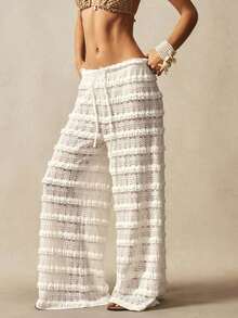 Ropa de abrigo de estilo bohemio para otoño/invierno, pantalones anchos de cintura alta con volantes de encaje de unicolor de estilo casual de vacaciones para mujeres, casual para playa, vacaciones, estilo country occidental, conciertos, adecuado para vacaciones, uso diario, regreso a la escuela, Halloween, Navidad - Blanco - Ver 4