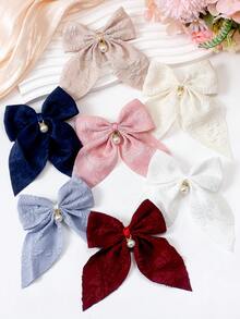 VBOOR 6pcs Korean Retro Soft Bowknot Hair Clips, Textured Fabric Hair Accessories With Pearl Pendant, Suitable For Daily, Commute And Dates - Multicolor - View 5