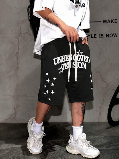 Casual Letter & Star Print Shorts, American Streetwear Style Graphic Painting Technique, Plus Size Men