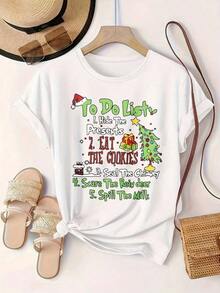 Women's Casual Short Sleeve T-Shirt - Round Neck, "To Do List Hide Presents Eat Cookies Seal Chimney Scare Reindeer Spill Milk" Print, Summer Top, Machine Washable, Women's T-Shirts, Casual Wear, Modern Style, Comfortable Fit

-White - 白色 - 查看 2