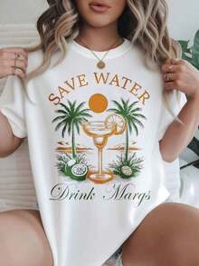 Women's Casual Short Sleeve T-Shirt - "Save Water Drink Marg's Palm Trees Cocktail Sunset Coconut" Design, Round Neck, Summer Top, Machine Washable, Ladies' T-Shirts, Casual Wear, Modern Style, Comfortable Fit

Black - 白色 - 查看 7
