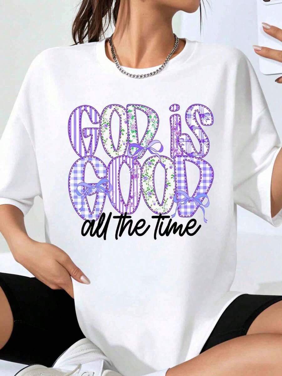 Camiseta con Estampado Floral y a Cuadros Morado "God Is Good All The Time" para Mujer, Estilo Casual Oversized, Ideal para Uso Diario y Atuendos Inspirados en la Fe, Adecuada para primavera, verano y otoño. - Blanco - Ver 1