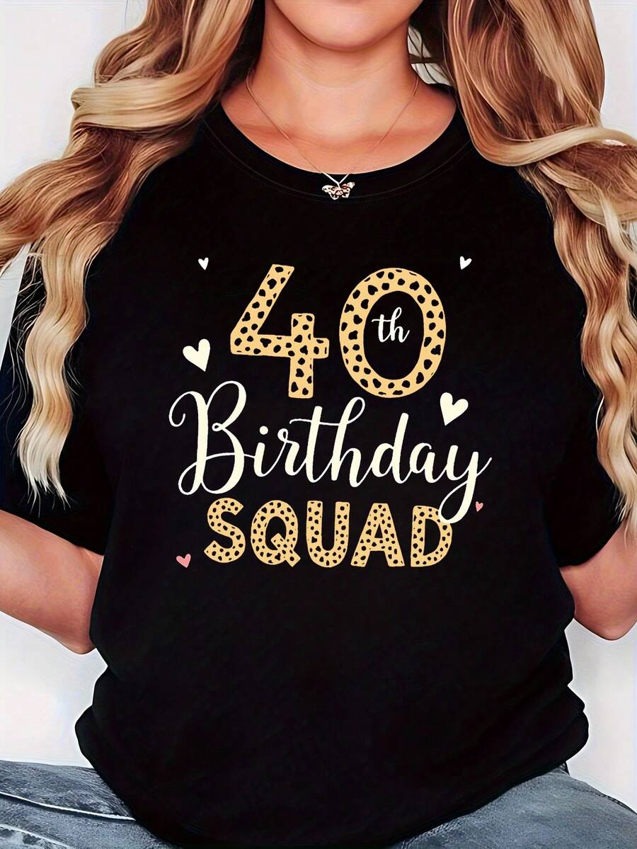 Camiseta de Mujer "40th Birthday SQUAD" - Camiseta con Estampado de Leopardo y Lema "SQUAD" para el 40º Cumpleaños, Manga Corta Casual, Estilo Personalizado en Amarillo y Blanco, Ropa para Fiesta de 40º Cumpleaños para Mujer. - Negro - Ver 1