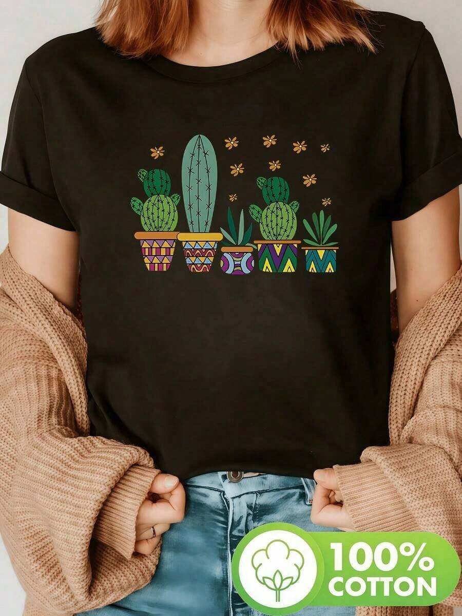 Colorido estampado de cactus en macetas que simboliza la vida en el desierto y la fuerza natural camiseta para mujer 100% algodón suave y cómoda para uso diario-Vintage Street Style Unisexoose Cotton Short Sleeve Crew Neck T-Shirt - Negro - Ver 1