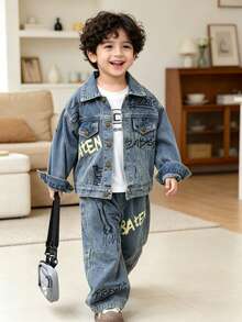 2pcs/Set Boys Casual Denim Jacket And Jeans Outfit Set, Loose Fit Suitable For Daily, School, Outdoor Wear, Autumn - Baby Blue - View 5
