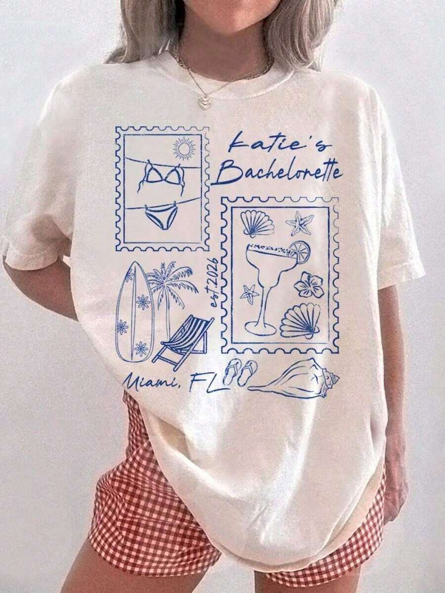 Camiseta de Mujer con Estampado Retro de Miami Bachelorette, Cómoda y Transpirable, de Algodón Puro, Manga Corta, Cuello Redondo, Corte Holgado, Estilo Casual Urbano, Camiseta Beige de Tela Suave con Estampado de Playa y Gráfico de Cóctel para Uso Diario - Blanco - Ver 1