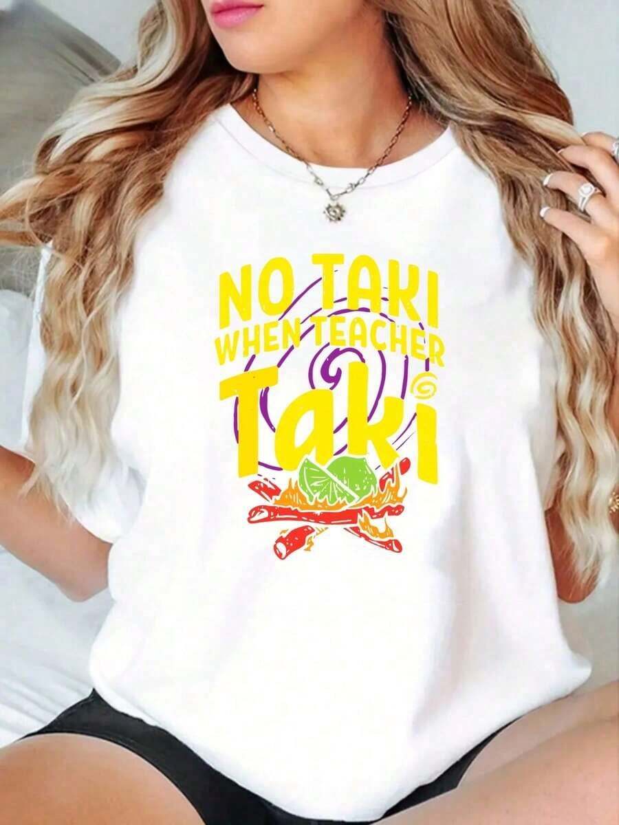 Camiseta de Mujer 100% Algodón No Taki When Teacher Taki, Camiseta de Algodón Grueso de 220g para Mujer (1 Pieza) Camiseta holgada, casual y versátil Y2k Camiseta Camisa De - Blanco - Ver 1